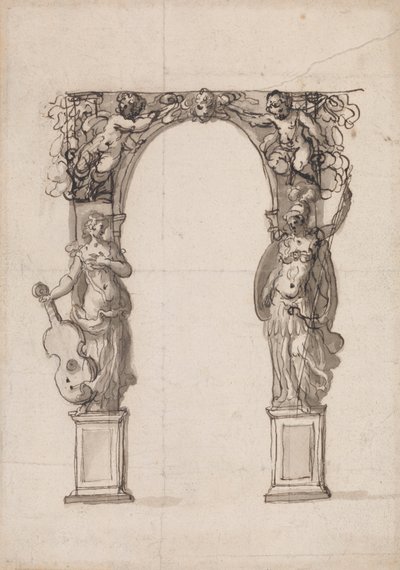 Design til en midlertidig bue dekoreret med Putti og allegoriske figurer af musik og krig af Inigo Jones