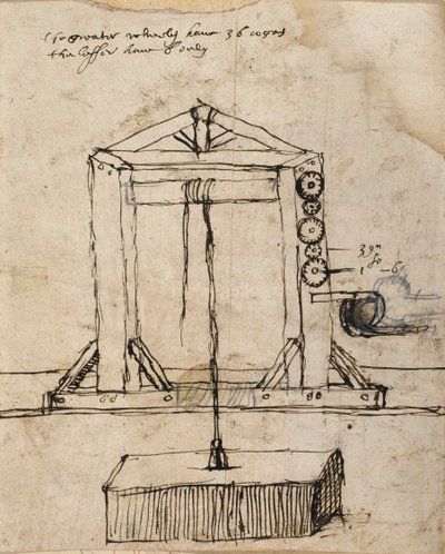 Diagram for et remskiveløftende murværk (pen & blæk på papir) af Inigo Jones