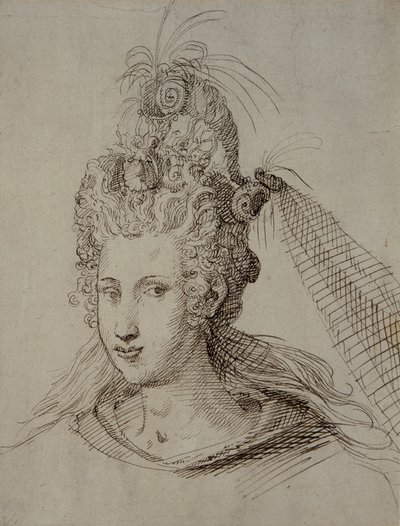 Hovedbeklædning, sandsynligvis til Anne af Danmark (pen & blæk på papir) af Inigo Jones