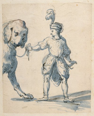 Polsk dværg fører en hund (pen & blæk og vask på papir) af Inigo Jones