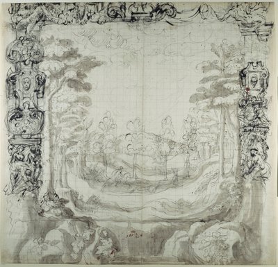 Proscenium og jagtscene (pen og blæk på papir) af Inigo Jones