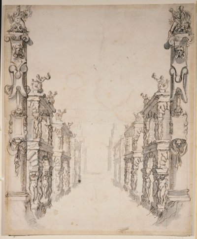 The House of Oceanus (pen og blæk på papir) af Inigo Jones