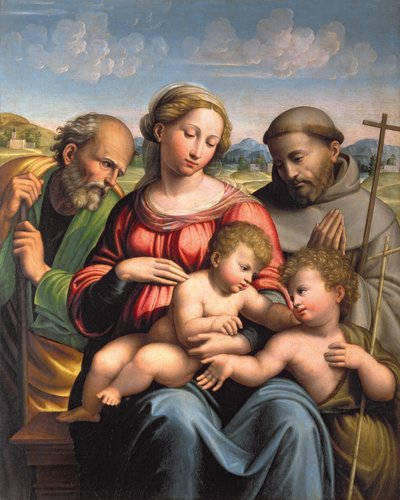 Hellig familie med spædbarnet St. Johannes Døberen og St. Frans af Innocenzo da Imola
