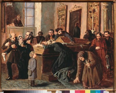 A Farewell to the Dead - Værk af Iosif Petrovich Volkov (1854-efter 1897), olie på papir af Iosif Petrovich Volkov
