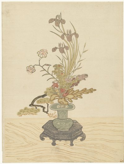 Ikebana blomsterarrangement i grøn vase af Ippitsusai Bunchô (manner of)