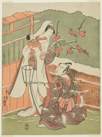 Skuespillerne Arashi Sangorô II som Minamoto no Yoritomo og Segawa Kikunojô II som snekvinde i "Cotton Wadding of Izu Protecting the Matrimonial Chrysanthemums" ("Myôto-giku Izu no Kisewata") af Ippitsusai Bunchō