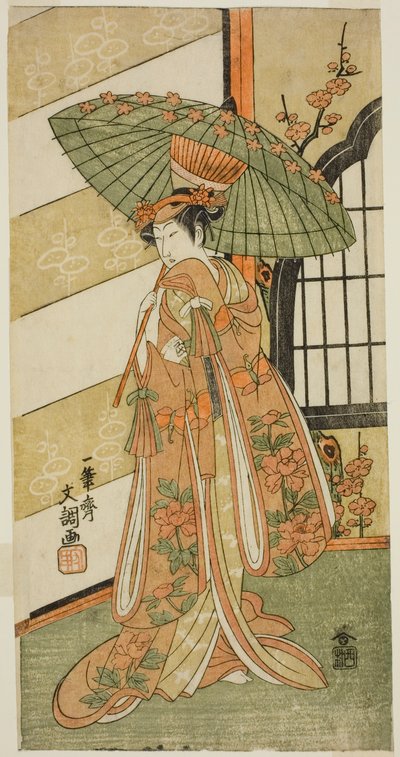 Skuespilleren Onoe Tamizo I som Nishikigi i stykket Mutsu no Hana Ume no Kaomise, opført på Ichimura Theatre i den ellevte måned, 1769 af Ippitsusai Bunchō