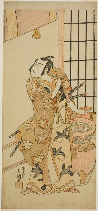 Skuespilleren Sawamura Sojuro II som Kudo Suketsune (?) i skuespillet Edo no Hana Wakayagi Soga (?), opført på Ichimura Theatre (?) i den anden måned, 1769 (?) af Ippitsusai Bunchō
