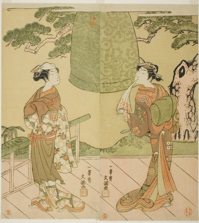 Skuespillerne Ichimura Uzaemon IX som Shume no Hangan Morihisa (til højre) og Sanogawa Ichimatsu II som Chujo (venstre), i skuespillet Edo no Hana Wakayagi Soga, opført på Ichimura Theatre i den anden måned, 1769 af Ippitsusai Bunchō
