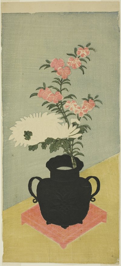 Hvide krysantemum og pink i en sort vase af Ippitsusai Bunchō