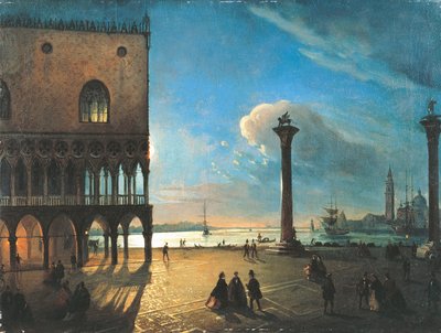 Piazzetta San Marco i måneskin, Venedig, af Ippolito Caffi (1809-1866), olie på lærred, 52x70 cm af Ippolito Caffi