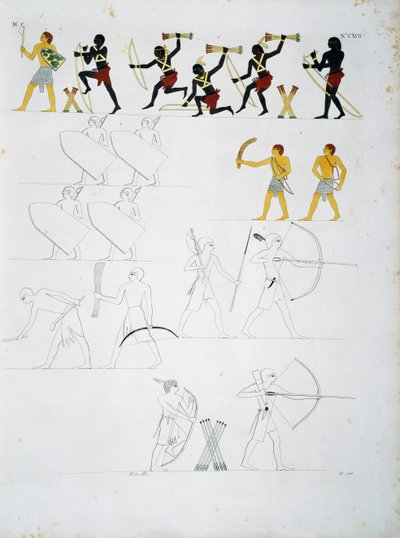 Militære scener, soldater med bue og pile, fra Beni Hasans grave, plade CXVIII, fra monumenter i Egypten og Nubien: civile monumenter af Ippolito Rosellini