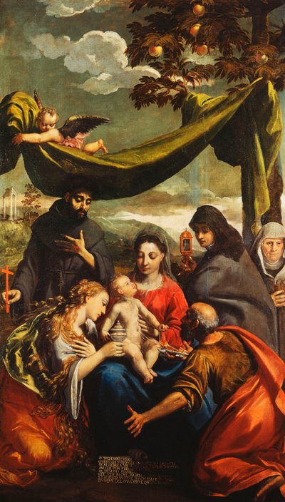 Madonnaen og barnet med de hellige Mary Magdalene, Peter, Clare og Francis og et portræt af abbedissen af Ippolito Scarsella