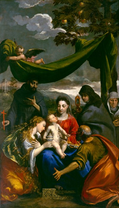 Jomfru og barn med de hellige Maria Magdalena, Peter, Klara, Frans og en abbedisse, ca. 1600 af Ippolito Scarsella