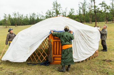 Lokale bygger en ger, en transportabel jurte nær Khövsgöl-søen i det nordlige Mongoliet, 2013 (foto) af Ira Block