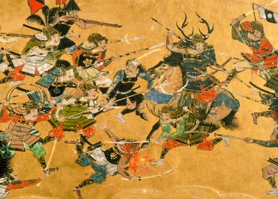 De to midterste paneler forestiller scener fra slaget ved Osaka, Japan, 2005 (foto) af Ira Block