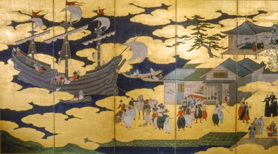 Samurai- Foldeskærm af Namban Byobus- Sydlige barbarer- Et portugisisk skib sejler ind i en japansk havn..., 2005 (foto) af Ira Block