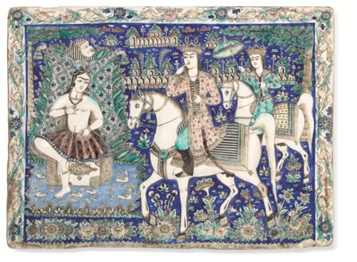 En stor Qajar støbt og glaseret flise, Qajar Iran af Iranian School