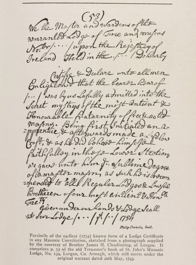 Tidligst kendte certifikat (irsk) med segl fra storlogen, 1762 af Irish School