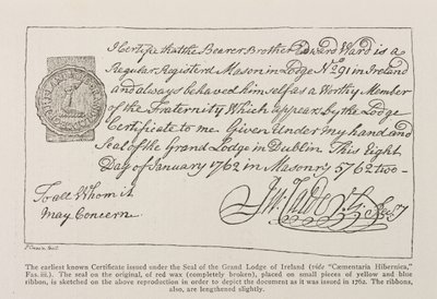 Faksimile af det tidligst kendte certifikat udstedt under Segl of the Grand Lodge of Ireland, dateret 1762 af Irish School