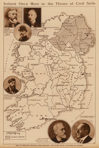 Kort over Irland med de unionistiske grevskaber i Ulster (litografi) af Irish School