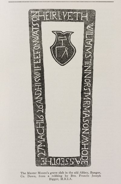 Tryk fra en Master Masons gravplade i den gamle Abbey, Bangor, Co. Down, dateret 1626 af Irish School