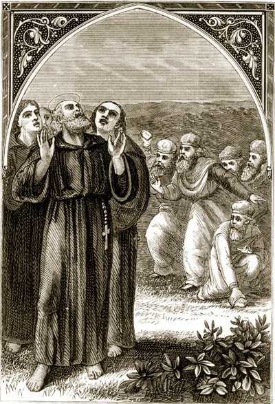 St. Columba sang og angrebet af druiderne, fra The Trias Thaumaturga, eller Three Wonder-Working Saints of Ireland, af Mary Cusack (1829-99) udgivet omkring 1890