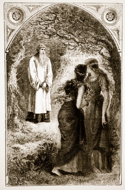 St. Patrick mødtes af jomfruer i skoven i Fochlut, fra The Trias Thaumaturga, eller Three Wonder-Working Saints of Ireland, af Mary Cusack (1829-99) udgivet omkring 1890