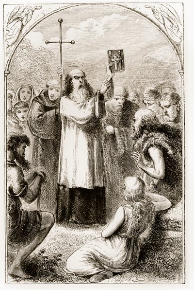 St. Patrick viser folket i Irland de fire evangelier, fra The Trias Thaumaturga, eller Three Wonder-Working Saints of Ireland, af Mary Cusack (1829-99) udgivet ca. 1890
