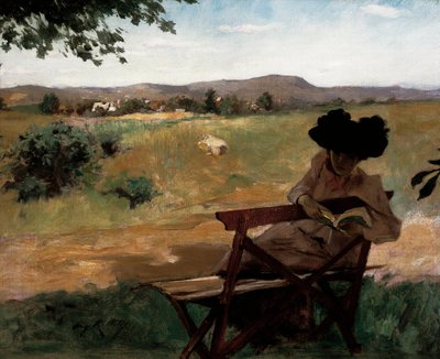 Kvinde sidder på en bænk og læser af Irving Ramsay Wiles