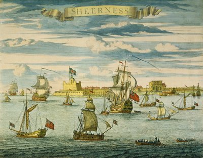 Sheerness, Kent, indgraveret af Johannes Kip (1652-1722) (håndkoloreret kobberstik) af Isaac (after) Sailmaker