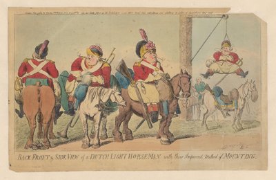 Forbedret metode af det hollandske lette kavaleri til at bestige en hest Bagsiden og set fra siden af ​​en hollandsk let rytter, med deres forbedrede monteringsmetode (titel på objekt) af Isaac Cruikshank (signed by artist)
