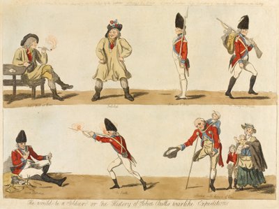 Ville han være soldat? eller The History of John Bulls krigeriske ekspedition, 1793 (farvet radering) af Isaac Cruikshank
