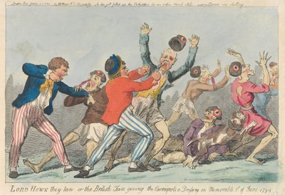 Lord Howe sie laufen, oder die britischen Matrosen geben den Carmignols eine Abreibung am denkwürdigen 1. Juni 1794 af Isaac Cruikshank