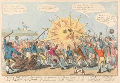 Peep of Day Boy verhindert eine Union, indem er Feuer zur Sonne hinzufügt. / Eine irische Methode, kaltes Wasser auf ein Thema zu gießen! af Isaac Cruikshank