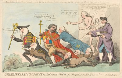 Shakespeares profeti, den sidste akt af en i Stormen, eller allikerne i lånte fjer (fra: Caricature, bd. 3) af Isaac Cruikshank