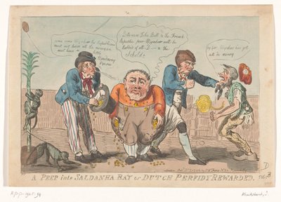 Tegneserie om kapitulation af den bataviske flåde i Baldanhabaai, 1796 Et kig ind i Saldanha -bugten eller hollandsk Ferfidy belønnet (titel på objekt) af Isaac Cruikshank