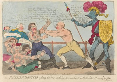 Der russische Schläger bekommt seine Dosis - Mit seinen Sekundanten, Dritten, Flaschenhalter und (?) die ihren Anteil bekommen af Isaac Cruikshank