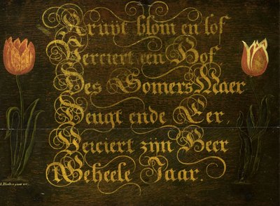 En kalligrafisk Maxim med tulipaner af Isaac Hondius
