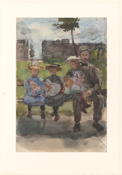 En mand med tre piger på en bænk i Oosterpark i Amsterdam af Isaac Israels