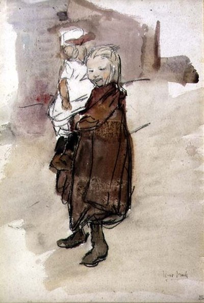 Pige og barn (akvarel på papir) af Isaac Israels