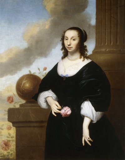 Portræt af en dame, stående trekvart længde, iført en sort satin kjole med hvid blondekant, af Isaac Luttichuys