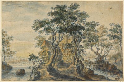 Flodlandskab med hus på en klippeø af Isaac Major