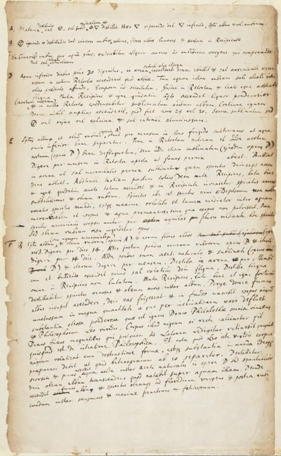 Registrering af et eksperiment i seks trin, der begynder med destillation efterfulgt af brænding, yderligere destillation, afkogning, kalcinering og sublimering, ca. 1700 af Isaac Newton