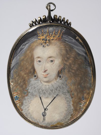 Portræt af Lucy Russell, grevinde af Bedford, ca. 1608-16 (akvarel på vellum med guld og sølv i en forgyldt sølvramme) af Isaac Oliver