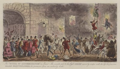 "House of Accommodation" i Flames! (farvet gravering) af Isaac Robert (after) Cruikshank