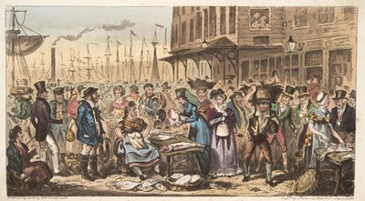 A Frolic in High Life, eller et besøg i Billingsgate, fra The English Spy, pub. 1824 (håndfarvet gravering) af Isaac Robert Cruikshank