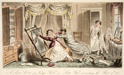 A Short Set til på Longs Hotel eller Stop-Ford får ikke det bedste ud af det, fra The English Spy, pub. 1824 (håndfarvet gravering) af Isaac Robert Cruikshank