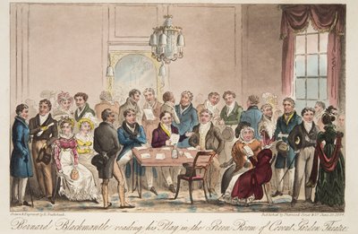 Bernard Blackmantle læser sit skuespil i Green Room i Covent Garden Theatre, fra The English Spy, pub. 1824 (håndfarvet gravering) af Isaac Robert Cruikshank
