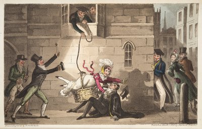 Capping a Proctor, eller Oxford Bull-hunde, der opdager fræk smuglere, fra The English Spy, udgivet London, 1824 (håndfarvet gravering)) af Isaac Robert Cruikshank